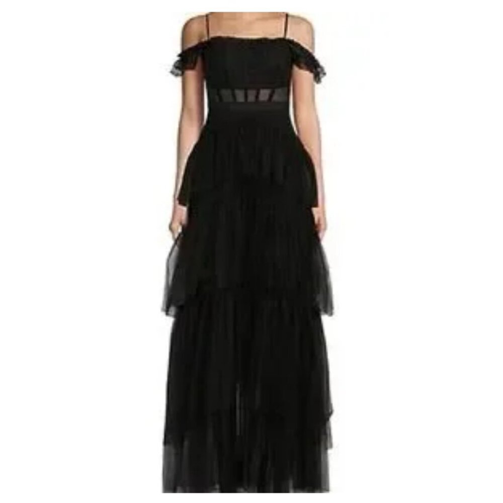 Black Tulle Tiered Maxi Dress Corset Bodice Off Shoulder Ruffle Evening Gown